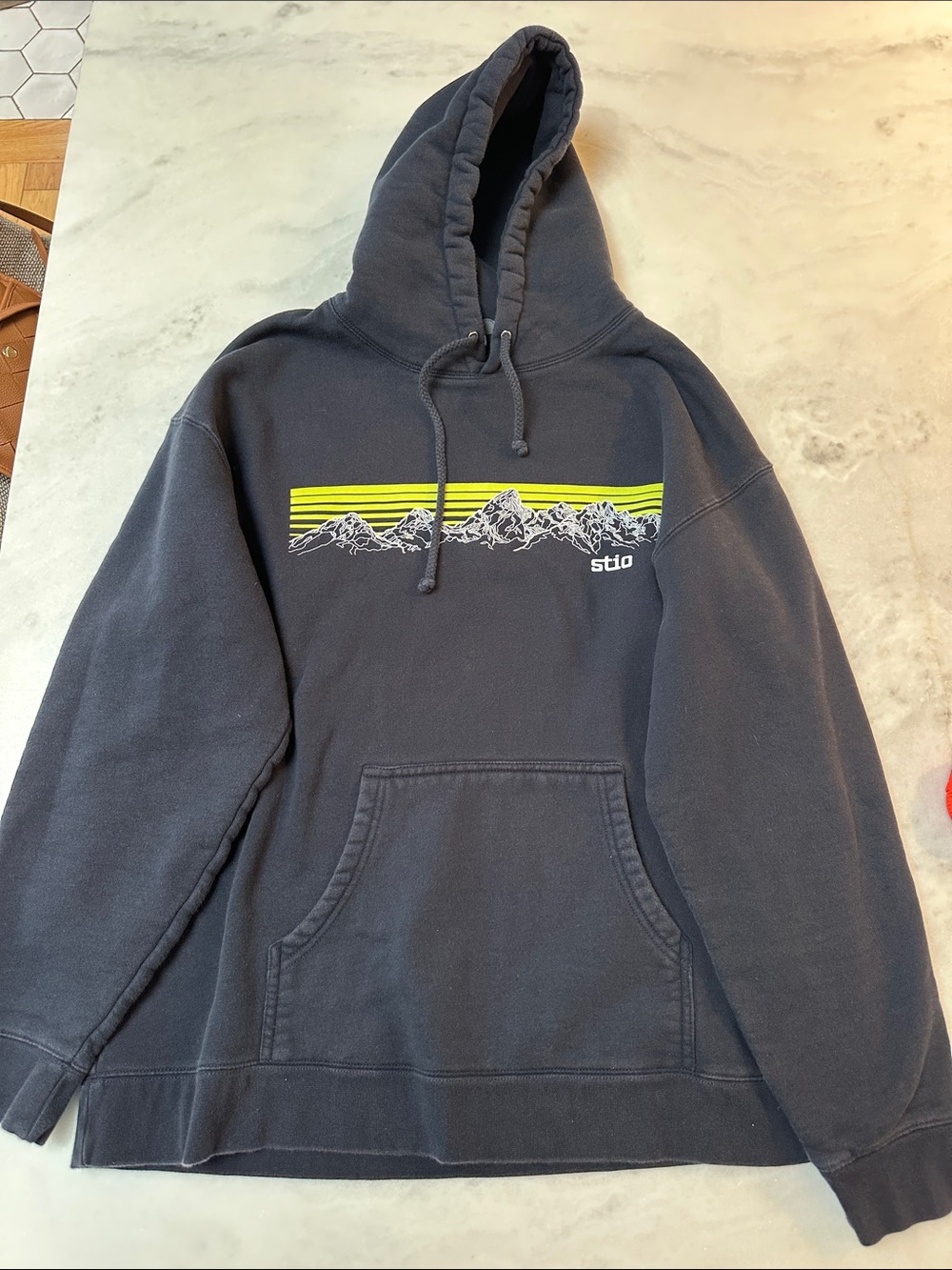 Stio Black Hoodie with Neon Yellow Mountain Stripe